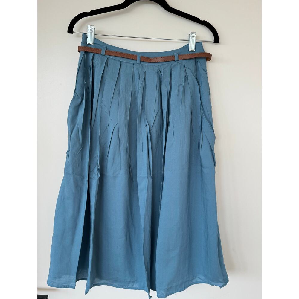 Tulip B Vintage Blue Pleated Midi Skirt Belt Pockets Lined Small NEW - Picture 4 of 11